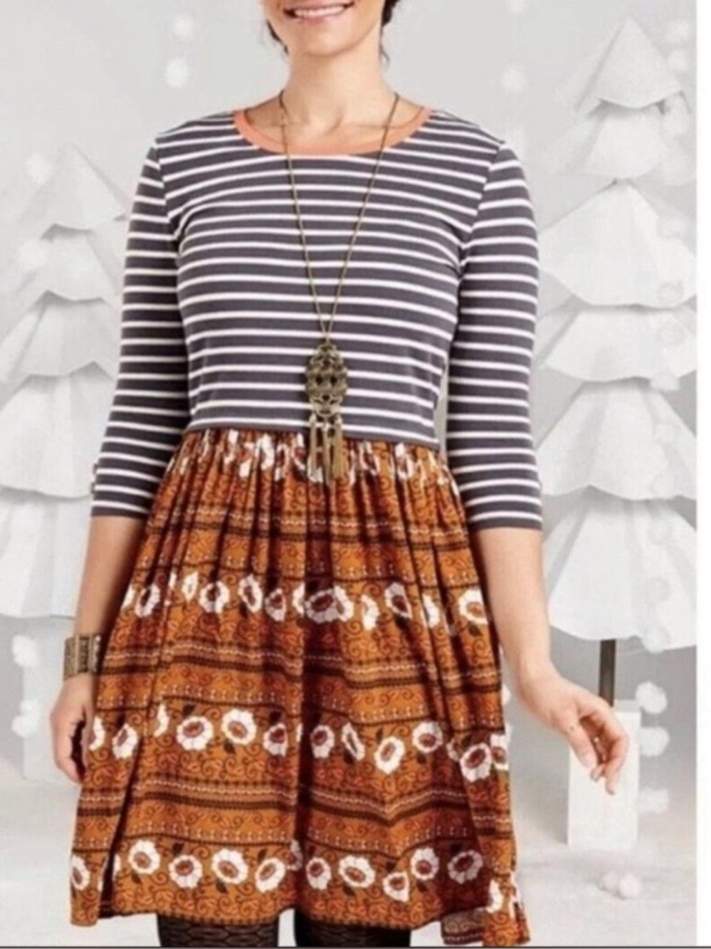 Matilda Jane Winsome Mixed Media Bohemian striped floral Dress Small Fall